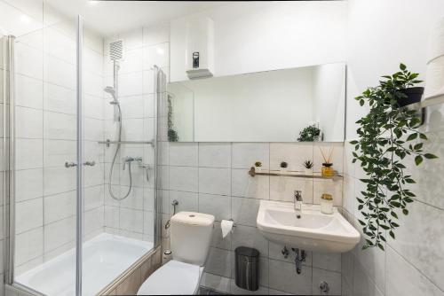 ein Bad mit einem WC, einem Waschbecken und einer Dusche in der Unterkunft The Harbour Apartment 2 in Hamburg