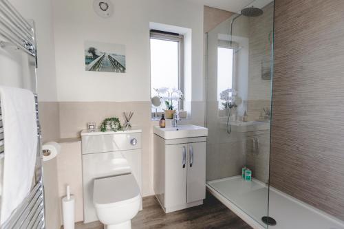 a white bathroom with a toilet and a shower at "Constable" Eco Lodge with Private Hot Tub in East Bergholt