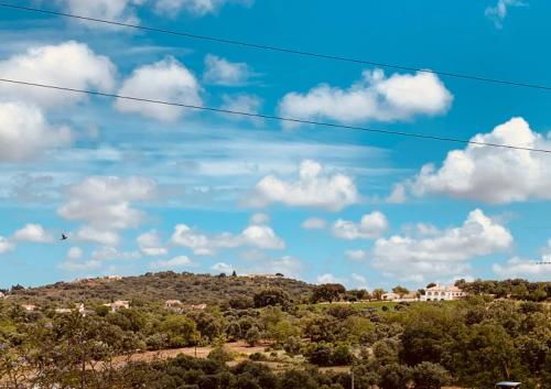 a hill with trees and a blue sky with clouds at Casa na Colina : The Cottage and The Long House in São Brás de Alportel