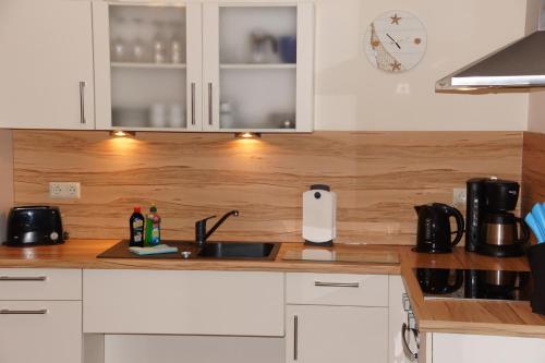 a kitchen with a sink and a counter top at Hotel am Untersee in Bantikow