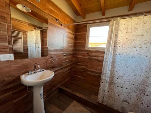 a bathroom with a sink and a shower at Cabañas PH in Trevelin