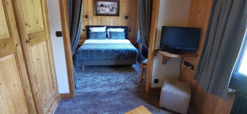 Μια τηλεόραση ή/και κέντρο ψυχαγωγίας στο Hôtel-Chalet Les Ecureuils Restaurant, Piscine, Jardin Garage
