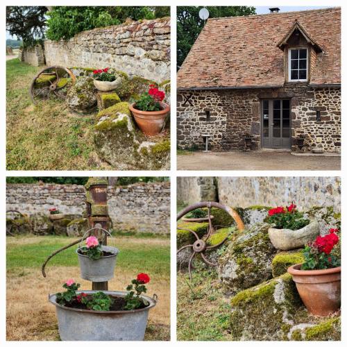cuatro fotos de macetas de flores y una casa de piedra en Les naturelles en Saint-Aubin-de-Locquenay