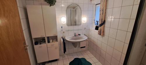 La petite salle de bains est pourvue d'un lavabo et d'un miroir. dans l'établissement Retrowohnung Lindenhof Oberndorf, à Oberndorf