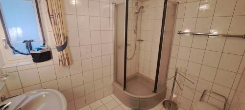 a bathroom with a shower and a sink at Retrowohnung Lindenhof Oberndorf in Oberndorf