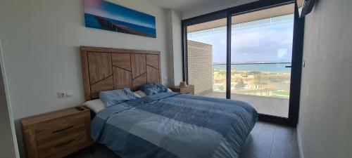 卡塔赫納的住宿－Vista de Flamencos，一间卧室设有一张床和一个大窗户