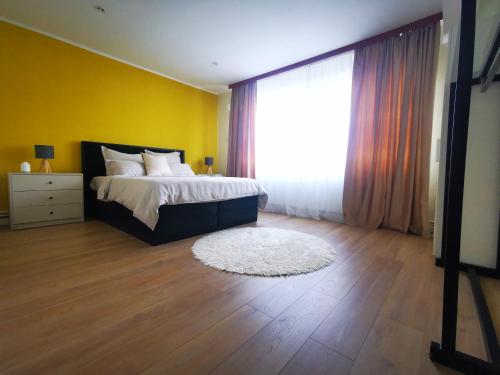 een slaapkamer met een bed en een groot raam bij Donath Loft in Cluj-Napoca