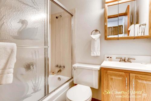 uma casa de banho com um WC, um lavatório e um chuveiro em Economical, Cozy Condo Near Main St Access to Spacious Lobby, Hot Tubs PM5B em Breckenridge