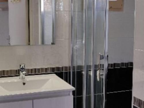 une salle de bain avec un lavabo et une douche dans l'établissement Charmant T2 Mezzanine, 4 Couchages, Clim, Terrasse, Piscine, Parking Privé - Marseillan - FR-1-326-387, à Marseillan