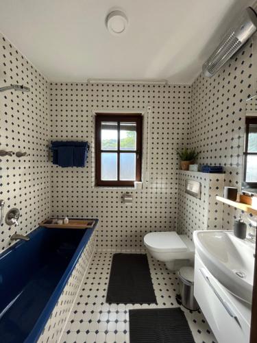 een badkamer met een bad, een toilet en een wastafel bij 1 Zimmer Whg Waldfischbach in Waldfischbach-Burgalben