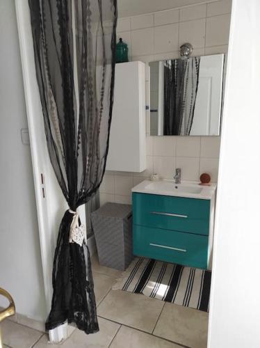 ein Bad mit einem Waschbecken und einem Duschvorhang in der Unterkunft Joli appartement avec cour privé à 150m de la mer in Sanary-sur-Mer