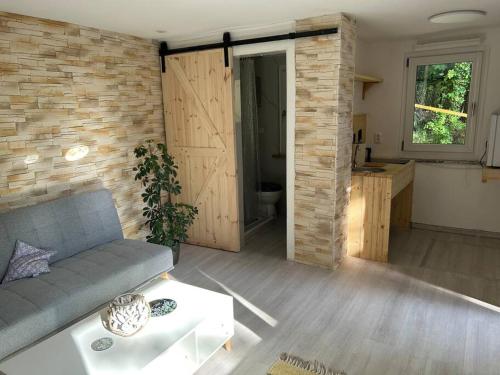 Ferienhaus Lavendel في Obergurig: غرفة معيشة مع أريكة ومطبخ