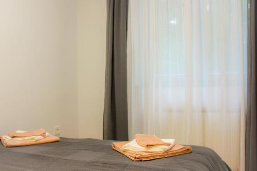 a bedroom with a bed and a window with towels at Apartment D&L in Plitvička Jezera