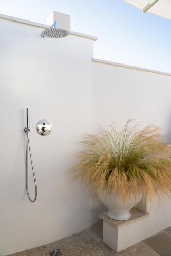 a plant in a white pot next to a shower at B-Welcome Rooms of Charme e Relax in Polignano a Mare