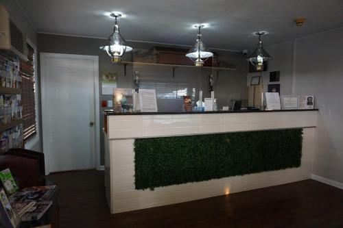 un bar con una pared verde en una habitación en Harvest Drive Family Inn - Renovated Rooms, en Gordonville