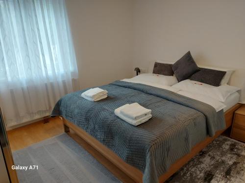 ein Schlafzimmer mit einem Bett mit zwei Handtüchern darauf in der Unterkunft Ferienhaus Käthe in Klagenfurt am Wörthersee