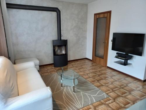 a living room with a fireplace and a tv at Casa vacanze Emidia in Raveo