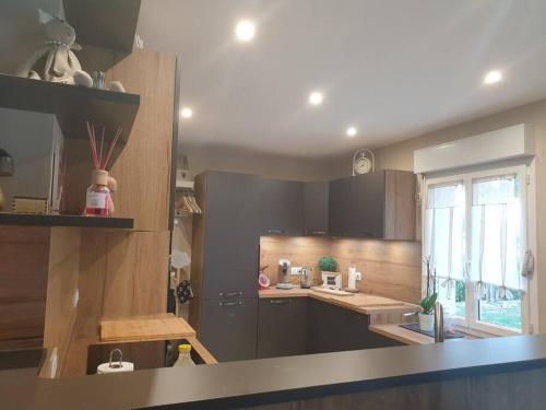 une cuisine avec des armoires en bois et un comptoir dans l'établissement Cosy maison Honfleur 2 chambres parking jardin et jacuzzi, à La Rivière-Saint-Sauveur