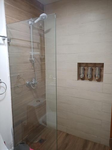 a shower with a glass door in a bathroom at Simply the most comfortable place next to Boca Chica beach in Boca Chica