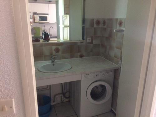une salle de bain avec un lavabo et une machine à laver dans l'établissement Appartement T2 en rez-de-chaussée avec terrasse, proche plage et piscine - 4 couchages - Argelès-sur-Mer - FR-1-388-40, à Argelès-sur-Mer