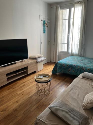ein Wohnzimmer mit einem Flachbild-TV und einem Sofa in der Unterkunft Havre de Paix 10 mn Centre Paris in Clichy