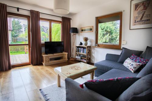 salon z kanapą i telewizorem w obiekcie Sasanka - górski apartament z ogródkiem w Zakopanem
