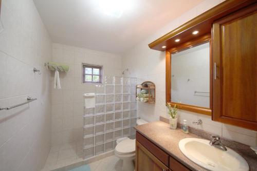 a bathroom with a sink and a toilet and a mirror at Sunrise Villa in Noord