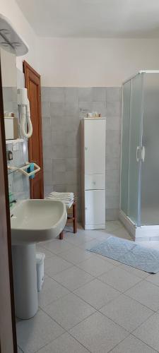 La salle de bains est pourvue d'un lavabo et d'une douche. dans l'établissement Agriturismo Millefiori, à Levanto