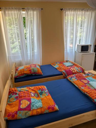 drie bedden in een kamer met ramen bij Burgfreiheit in Heidelberg