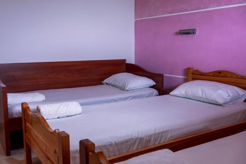two beds in a room with purple walls at Katerina Studios & Apartments in Sidari