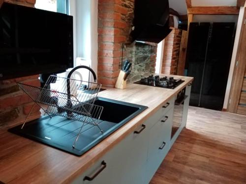 cocina con encimera y fogones horno superior en Apartman Albreit 2, en Jáchymov