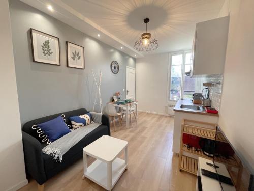 Il comprend un salon avec un canapé et une cuisine. dans l'établissement Le nid doux - proche Paris & métro, à Villejuif