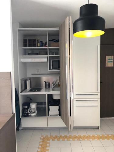 a kitchen with a white refrigerator at Studios FREEBROISE in Saint-François