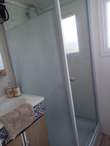 une salle de bain avec une douche, un lavabo et un miroir dans l'établissement Mobil-home vue océan/400 m de la plage à Saint Jean de Luz, à Saint-Jean-de-Luz