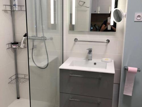 une salle de bain avec un lavabo et une douche avec un miroir dans l'établissement Studio rénové, climatisé et Wifi à Balaruc-les-Bains - FR-1-553-79, à Balaruc-les-Bains
