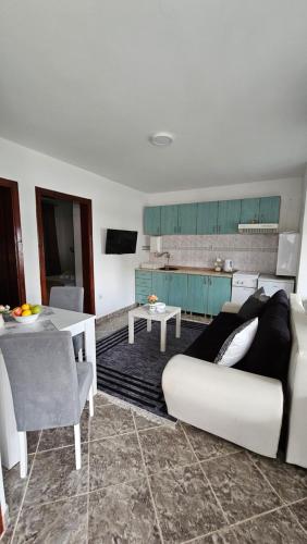 ein Wohnzimmer mit einem weißen Sofa und einer Küche in der Unterkunft River View - Danube in Čelarevo