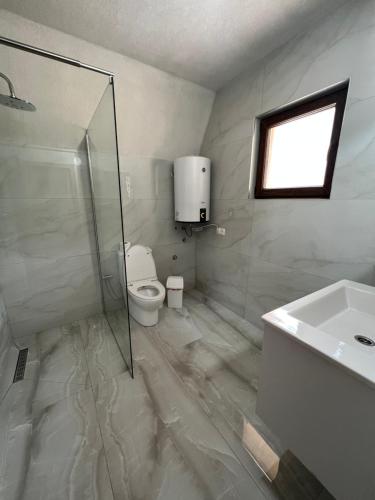 a bathroom with a shower and a toilet and a sink at Villa Dardania in Peje