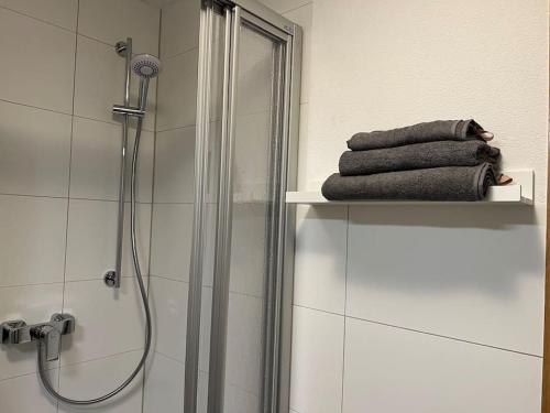 een badkamer met een douche en handdoeken op een plank bij “Sweet boho penthouse” in city center in Lahr