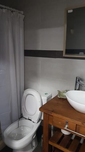 ein Badezimmer mit einem weißen WC und einem Waschbecken in der Unterkunft Apart B in San Luis