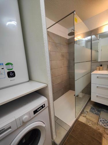 une machine à laver dans une salle de bain avec douche dans l'établissement MarshMallow Toulouse proche aéroport, Airbus et Zenith, à Toulouse