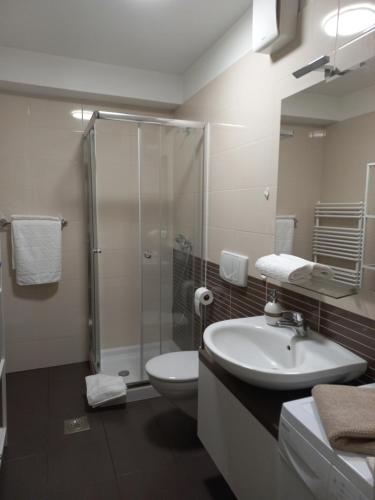 y baño con ducha, lavabo y aseo. en Koper's door Apartment, en Koper