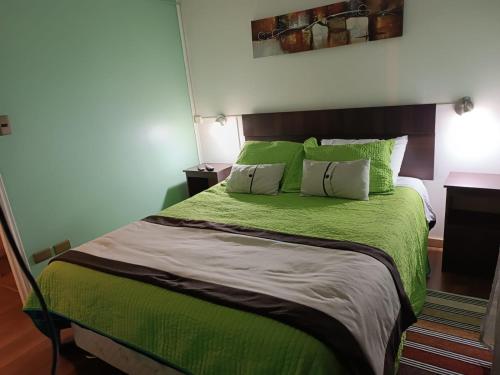 a bedroom with a green bed with two pillows at Departamentos Egaña in Puerto Montt