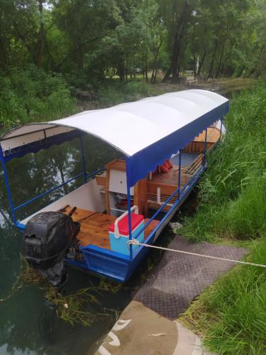 a boat with a blue and white roof on the water at Forest Home in Golubovci