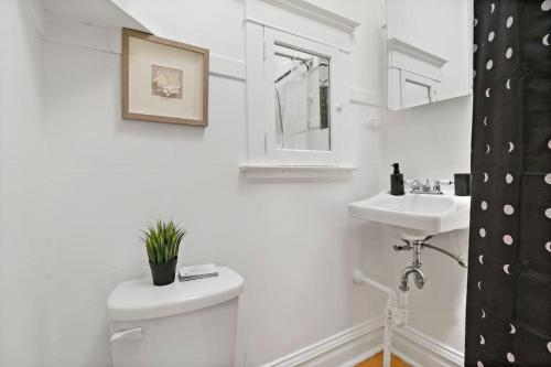 a white bathroom with a toilet and a sink at 2-Bedroom Cozy Apt in Prime Location - Clark 2 in Chicago