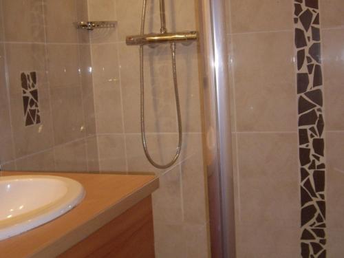 uma casa de banho com um chuveiro e um lavatório. em Appartement Palavas-les-Flots, 2 pièces, 6 personnes - FR-1-559-18 em Palavas-les-Flots