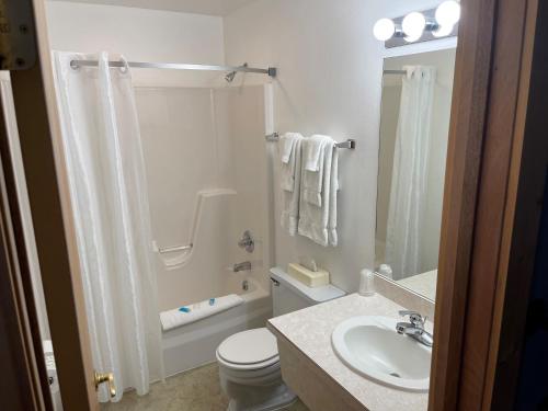 a bathroom with a shower and a toilet and a sink at Moose Creek Lodge & Suites in Cody