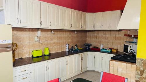a kitchen with white cabinets and a red wall at Tupungato Village in Tupungato