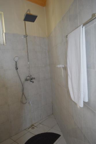 La salle de bains est pourvue d'une douche et d'une serviette blanche. dans l'établissement Deluxe Studio Apartment - Royal Palms - Mtwapa, à Shimo la Tewa