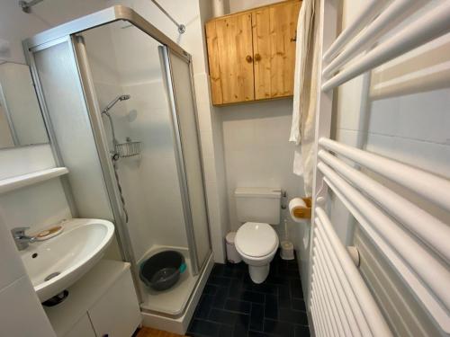 une petite salle de bain avec toilettes et lavabo dans l'établissement Studio cosy avec balcon, 2 nuits - La Clusaz, proche Bossonnet et pistes, parking inclus - FR-1-459-206, à La Clusaz