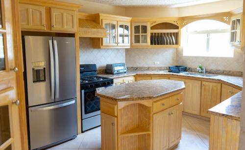 a kitchen with wooden cabinets and a stainless steel refrigerator at Da-Vis By The Ocean in Saint Philip